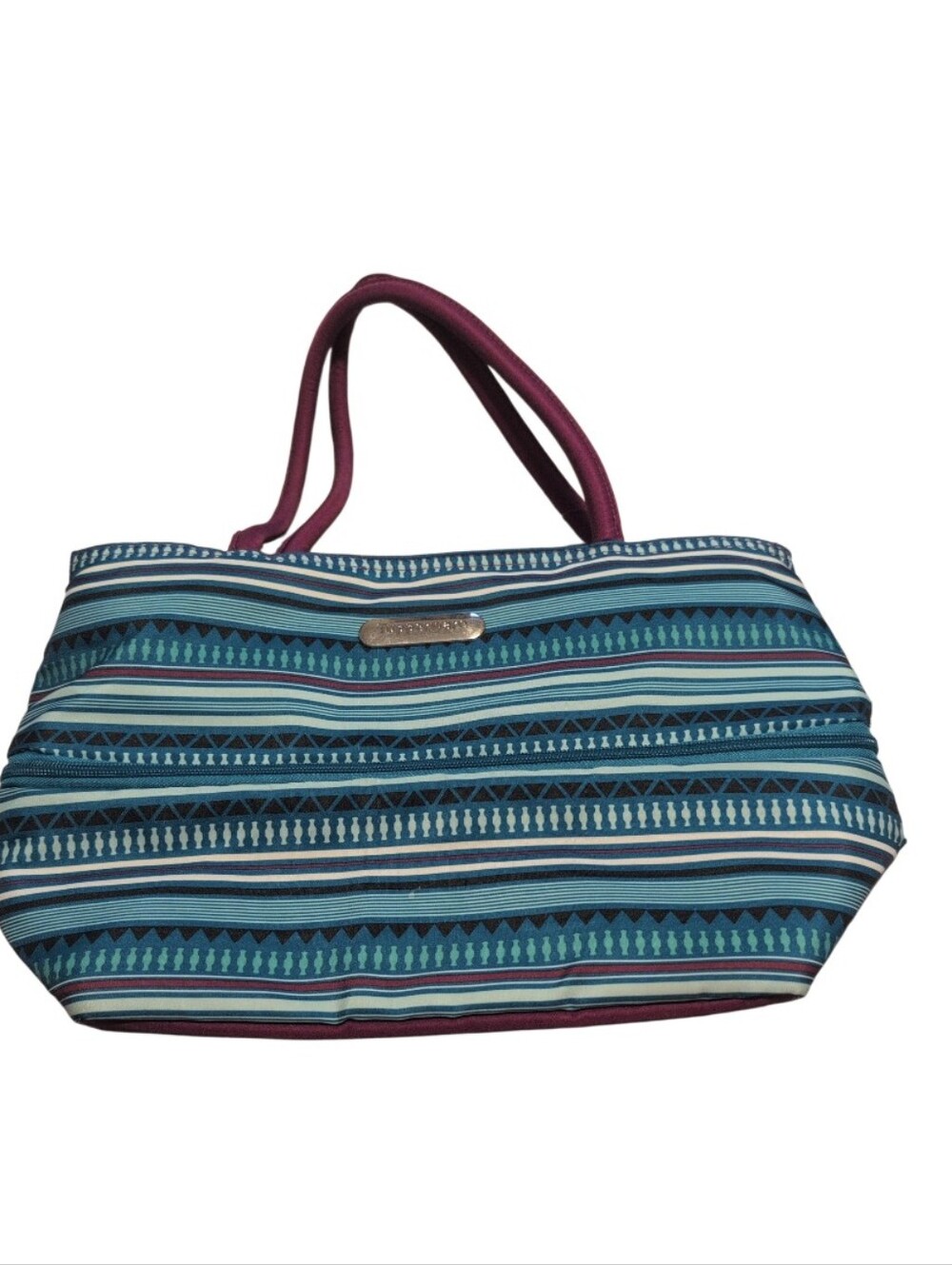 Tupperware Blue Teal Geometric Insulated Tote Bag Purple Handles - Picture 2 of 7